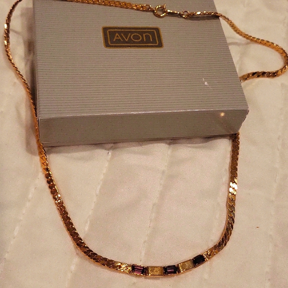 Vintage 1985 Avon Goldtone Baguette Necklace Simulated Amethyst 18"